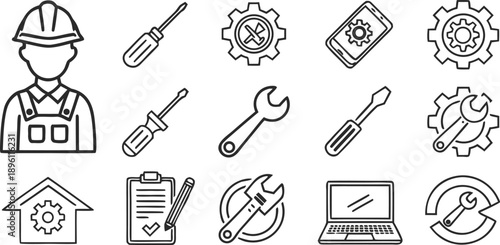 A collection of repair and maintenance icons, all rendered in a simple, clean, and minimalistic line art style, with a transparent background. The icons are consistently black and white, devoid of col