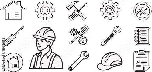 A collection of repair and maintenance icons, all rendered in a simple, clean, and minimalistic line art style, with a transparent background. The icons are consistently black and white, devoid of col