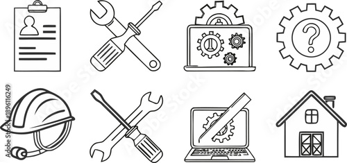 A collection of repair and maintenance icons, all rendered in a simple, clean, and minimalistic line art style, with a transparent background. The icons are consistently black and white, devoid of col
