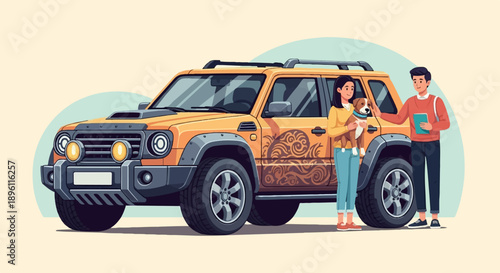 Couple with dog and orange SUV on a pastel background