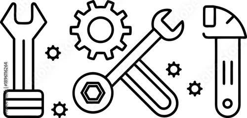 A collection of repair and maintenance icons, all rendered in a simple, clean, and minimalistic line art style, with a transparent background. The icons are consistently black and white, devoid of col