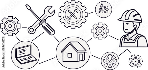 A collection of repair and maintenance icons, all rendered in a simple, clean, and minimalistic line art style, with a transparent background. The icons are consistently black and white, devoid of col
