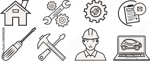 A collection of repair and maintenance icons, all rendered in a simple, clean, and minimalistic line art style, with a transparent background. The icons are consistently black and white, devoid of col