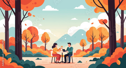 Couple with dog at table outdoors in autumn forest with mountains