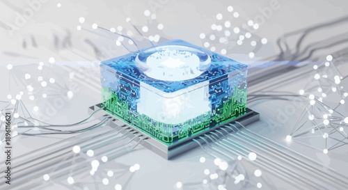 A futuristic 3d chip with a glowing blue and green circuit board and a white cube inside