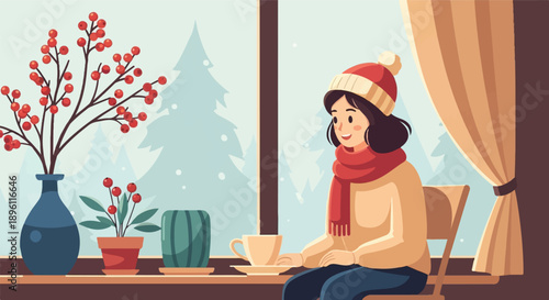 Cozy winter scene with a woman drinking coffee by the window