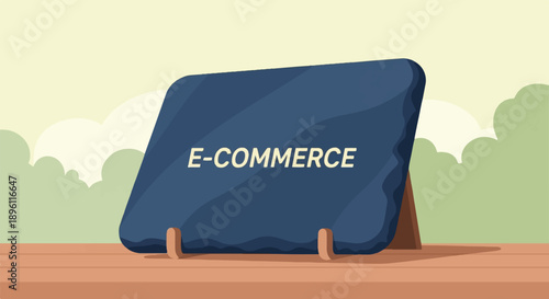 Dark slate with "E-COMMERCE" text stands on wooden surface, abstract backdrop