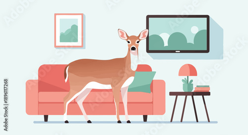 Deer stands on living room floor near couch, TV, and side table