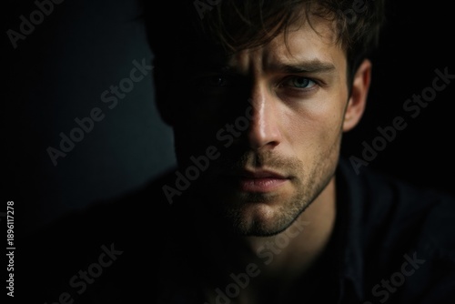 Portrait of a Young Man With Serious Expression in Low Light Setting Captured in a Close-Up View Highlighting Facial Features and Mood