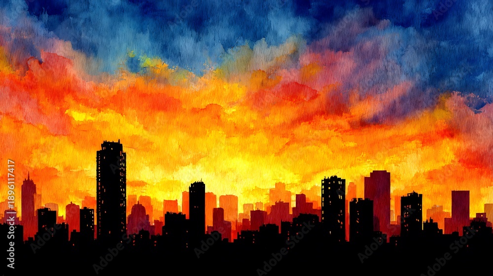 Fototapeta premium Vibrant watercolor sunset over a dark city skyline silhouette image photo