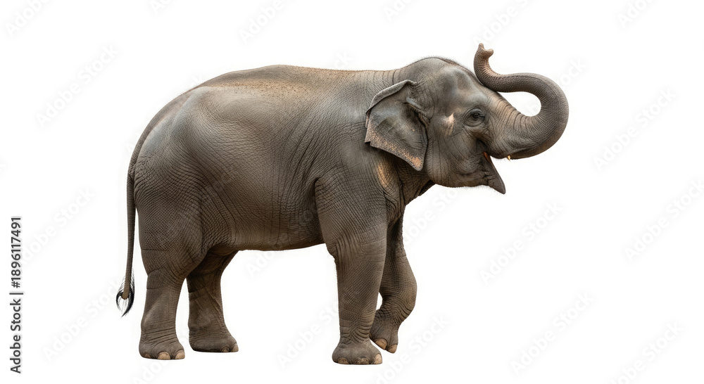 Obraz premium Majestic Asian Elephant Full Body Portrait with Trunk Raised, Isolated on a Pure White Background, Symbolizing Nature's Grandeur