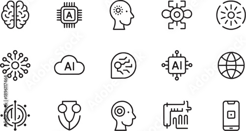 AI Icon Set – Featuring Artificial Intelligence, Brain, Automation, Neural Network & Technology Icons | Perfect Vector Icon Collection