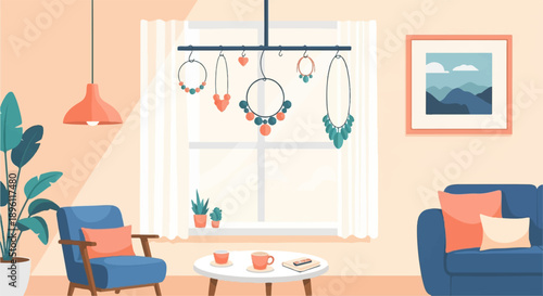 Cozy living room with sofa, armchair, coffee table, and window decor