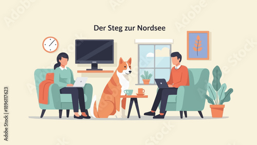 Cozy living room with people, dog, and laptops