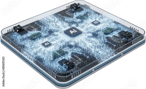 3d illustration of a futuristic ai microchip with glowing blue circuits