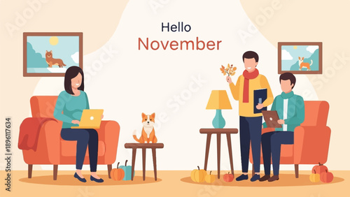 Cozy indoor scene with people, dogs, pumpkins, and autumnal decor for November