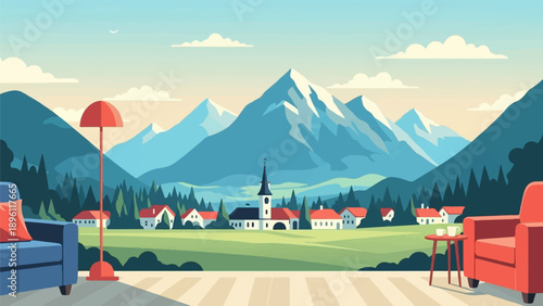 Cozy living room with mountain village view, lamp, armchairs, and table