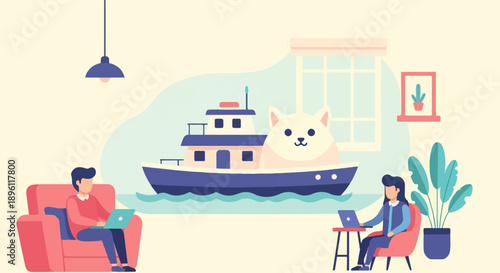 Cozy indoor scene with people working on laptops, a boat with a dog, and plants