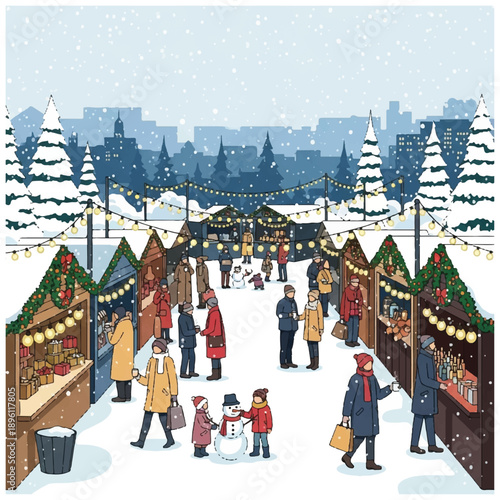 People Shopping at Winter Christmas Market Scene.
