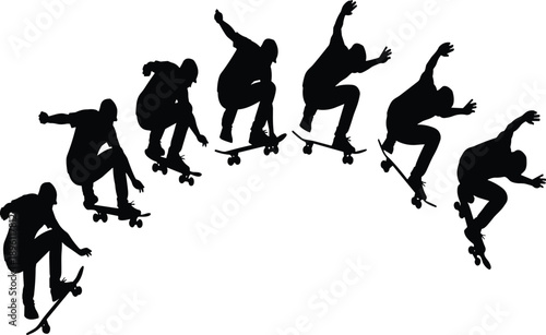 Skateboarder silhouette sequence performing aerial trick jump isolated on white background, dynamic skateboarding motion, extreme sport action concept for youth culture and street lifestyle