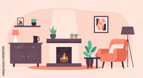 Cozy living room with fireplace, armchair, plants, and furniture