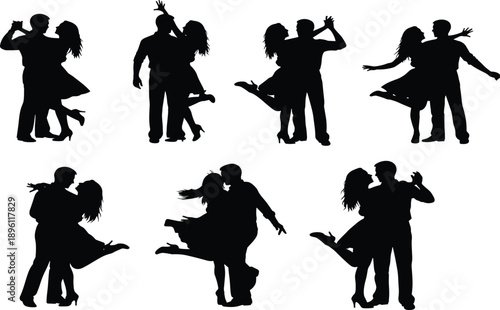 Romantic dancing couples silhouette collection performing swing and ballroom moves isolated on white background, elegant love, passion and celebration concept for events and lifestyle design
