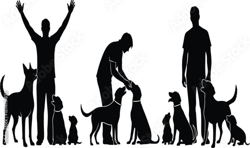 People and dogs silhouette scene showing pet owners bonding, training and walking pets isolated on white background, family lifestyle, animal care and companionship concept