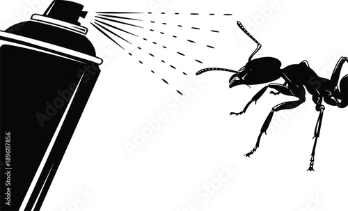 Black silhouette illustration of insect repellent spray can actively spraying aerosol mist directly at a large ant, pest control concept vector graphic isolated on white