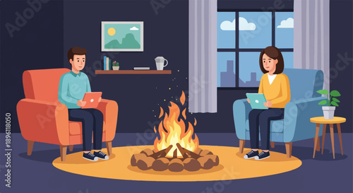 Cozy indoor scene with two people sitting in armchairs by a fire pit, using tablets