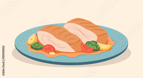 Delicious cooked chicken breast with vegetables served on a blue plate