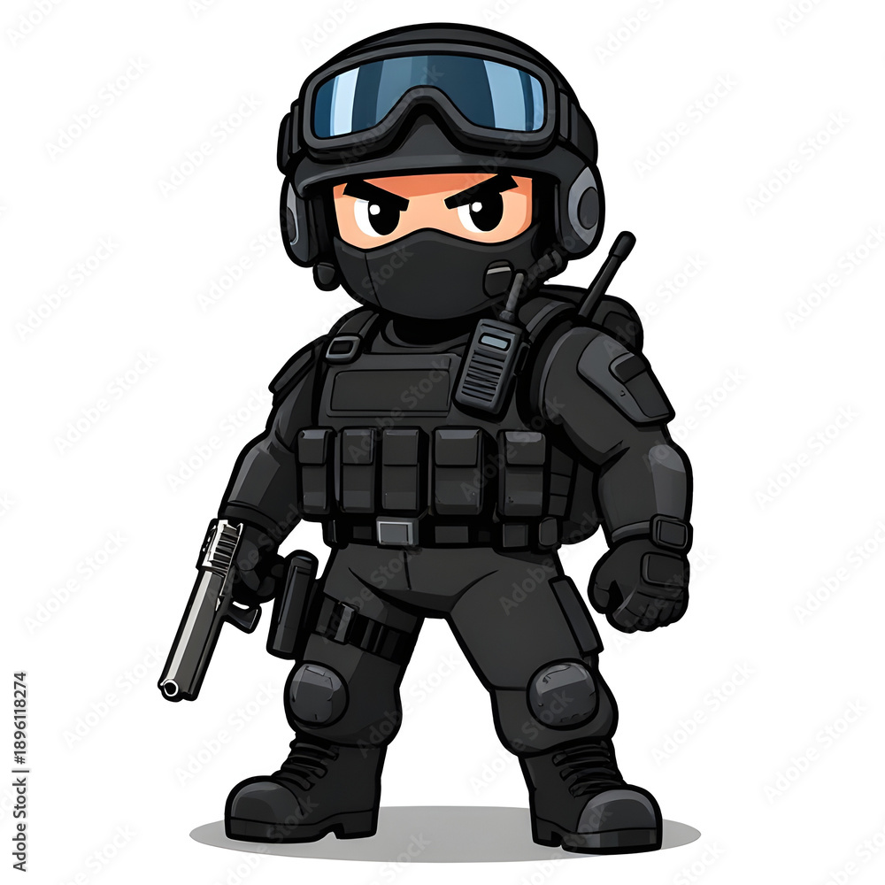 Naklejka premium A sturdy special forces soldier with a combat weapon, fully equipped in special combat gear. Cartoon mascot, illustration, clean lines, flat design, modern, high quality