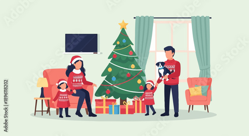 Cozy family celebrates holidays with decorated tree, gifts, and dog