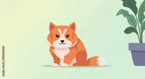 Cute cartoon dog sitting by a potted plant on a soft gradient background
