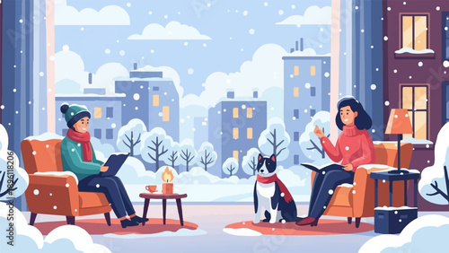 Cozy indoor winter scene with people, dog, and snowfall
