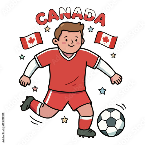 Cartoon Boy Playing Soccer for Canada.
