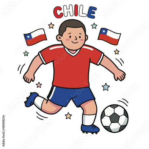 Cartoon Boy Playing Soccer with Chilean Flags.