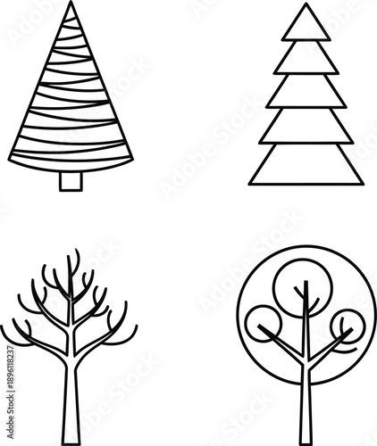 Set of four stylized tree illustrations in black and white outline
