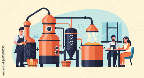 Distillation process shown with workers and tasters in a brewery