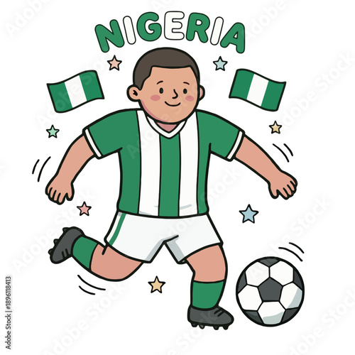 Cartoon Nigerian Football Player Kicking Soccer Ball.