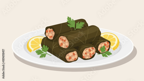 Delicious stuffed grape leaves with lemon and parsley on a white plate