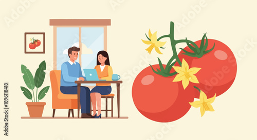 Couple working at home with a large tomato plant illustration