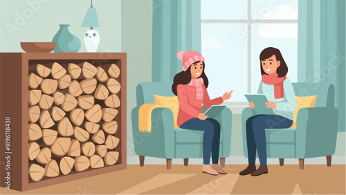 Cozy interior scene of two women chatting near a window with a log pile
