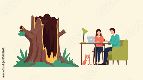 Couple working at a desk with a dog and a hollow tree stump