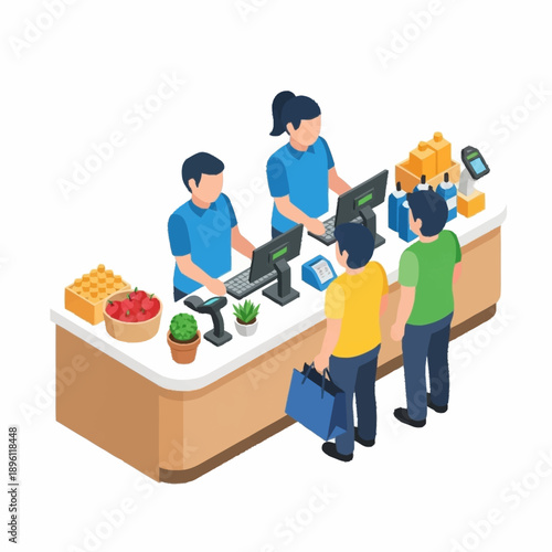Cashiers Scanning Groceries at Checkout Counter.