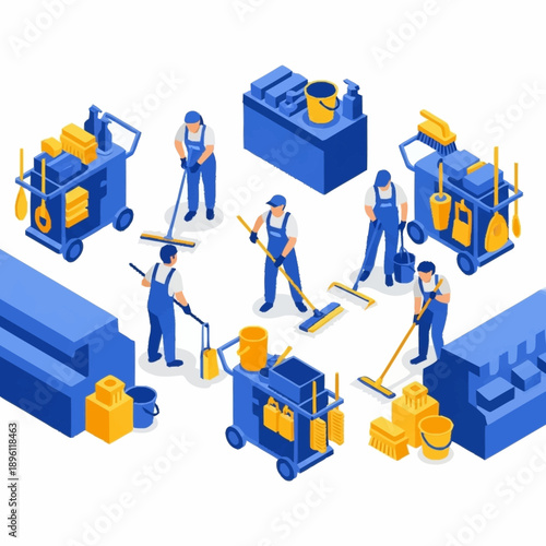 Cleaning Crew with Equipment and Tools.
