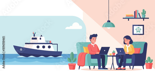 Couple working remotely on laptops at home with a boat sailing offshore