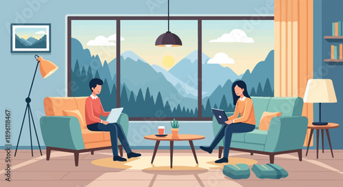 Cozy living room scene with two people working on laptops (1)