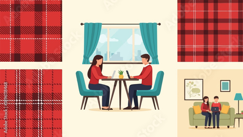 Couple working remotely indoors, surrounded by plaid patterns