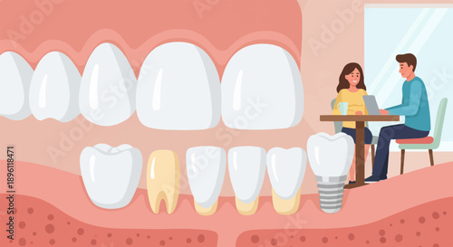 Dental health and implant shown alongside people interacting digitally