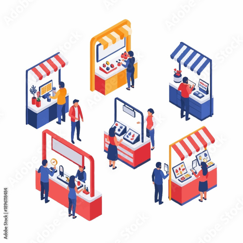 Colorful Market Stalls with People Shopping.